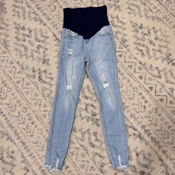 Pinkblush Denim - PINKBLUSH Elastic Waistband Cotton Blue Distressed Maternity Jeans